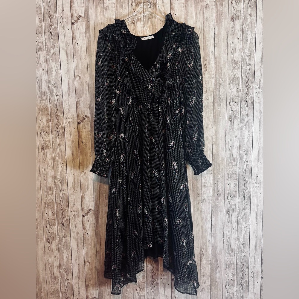 Calista Ruffled Polka Dot Floral Midi Dress